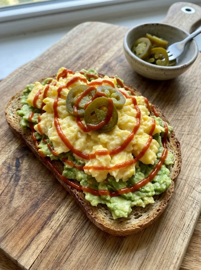 Healthy Avocado And Egg Breakfast Toast With Spicy Sriracha