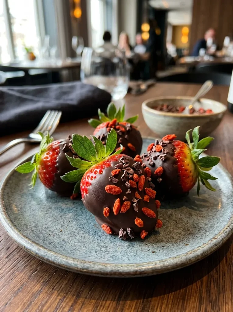 Healthy Dark Chocolate Dipped Strawberries With Goji Berry Bits