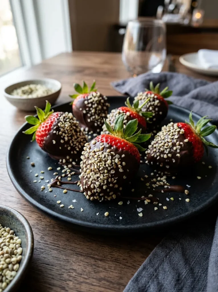 Healthy Dark Chocolate Dipped Strawberries With Hemp Seed Power