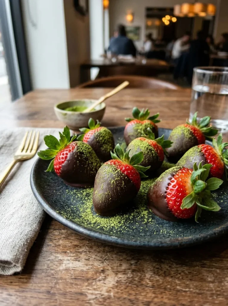Healthy Dark Chocolate Dipped Strawberries With Matcha Dust