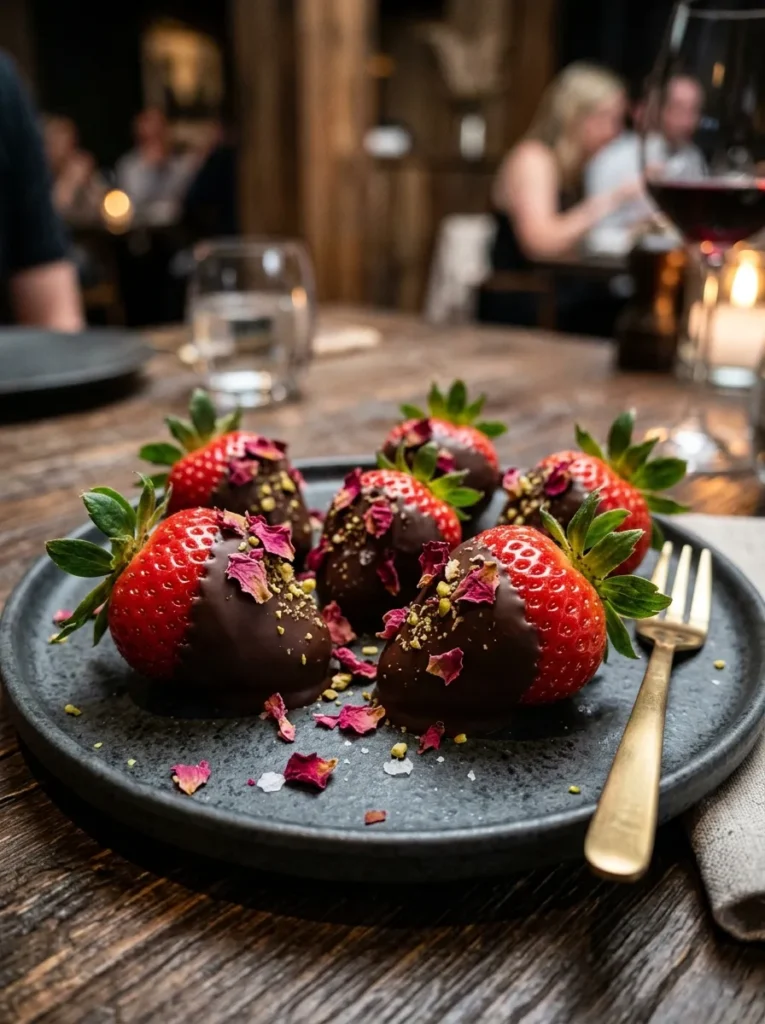Healthy Dark Chocolate Dipped Strawberries With Rose Petal Luxe