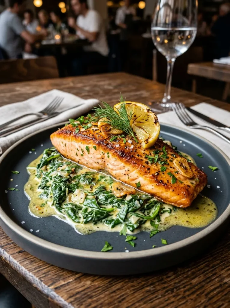 Healthy Lemon Garlic Butter Salmon Wait Creamy Spinach