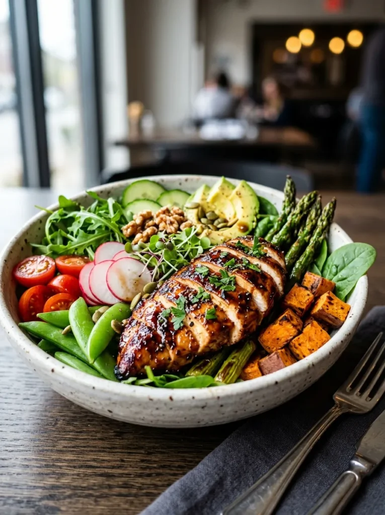 Healthy Paleo Spring Harvest Bowl With Balsamic Glazed Chicken