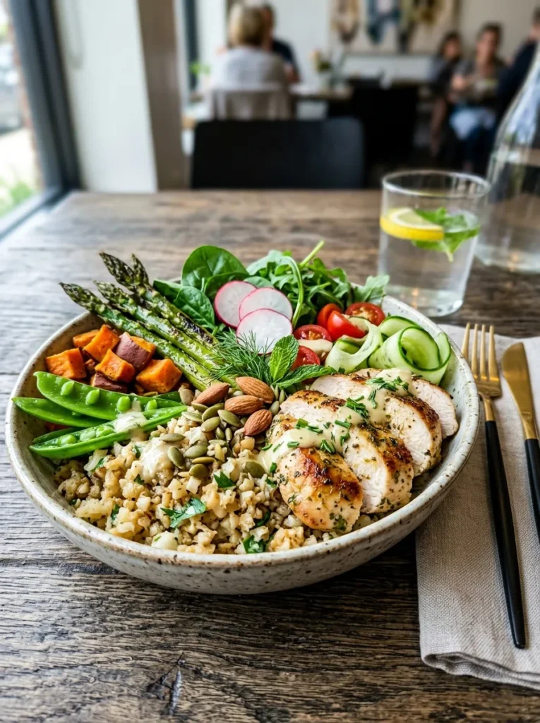 Healthy Paleo Spring Harvest Bowl With Sauteed Cauliflower Rice