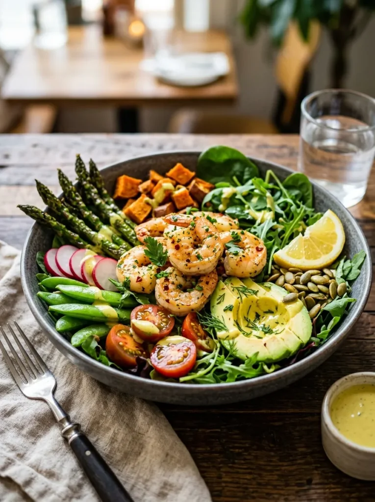 Healthy Paleo Spring Harvest Bowl With Zesty Garlic Shrimp