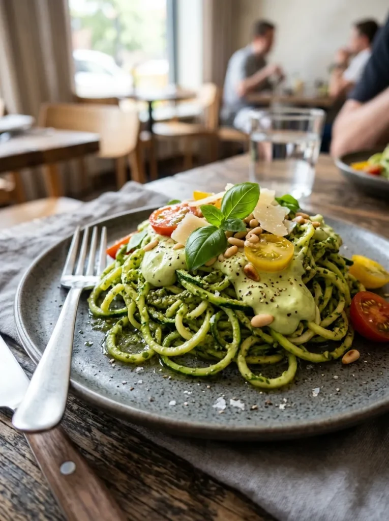 Low Carb Zucchini Noodle Pesto With Avocado Cream