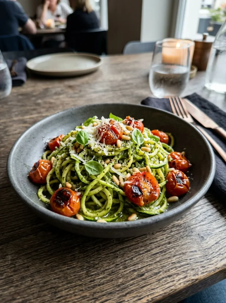 Low Carb Zucchini Noodle Pesto With Cherry Tomato Burst