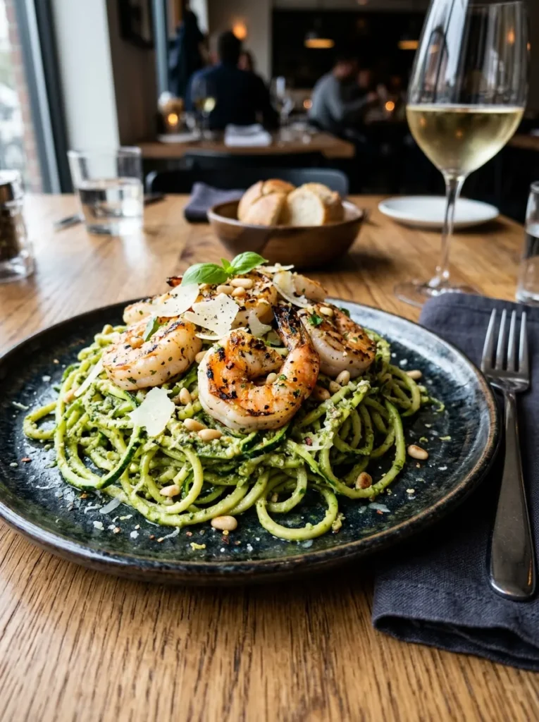 Low Carb Zucchini Noodle Pesto With Grilled Shrimp