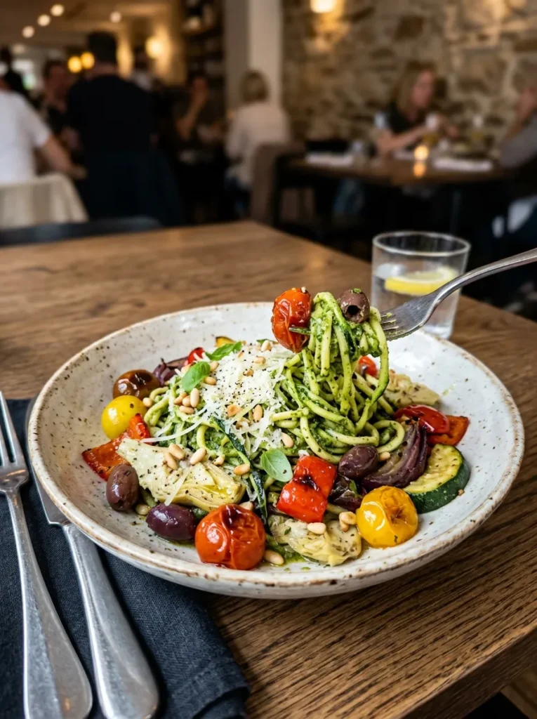 Low Carb Zucchini Noodle Pesto With Mediterranean Veggies