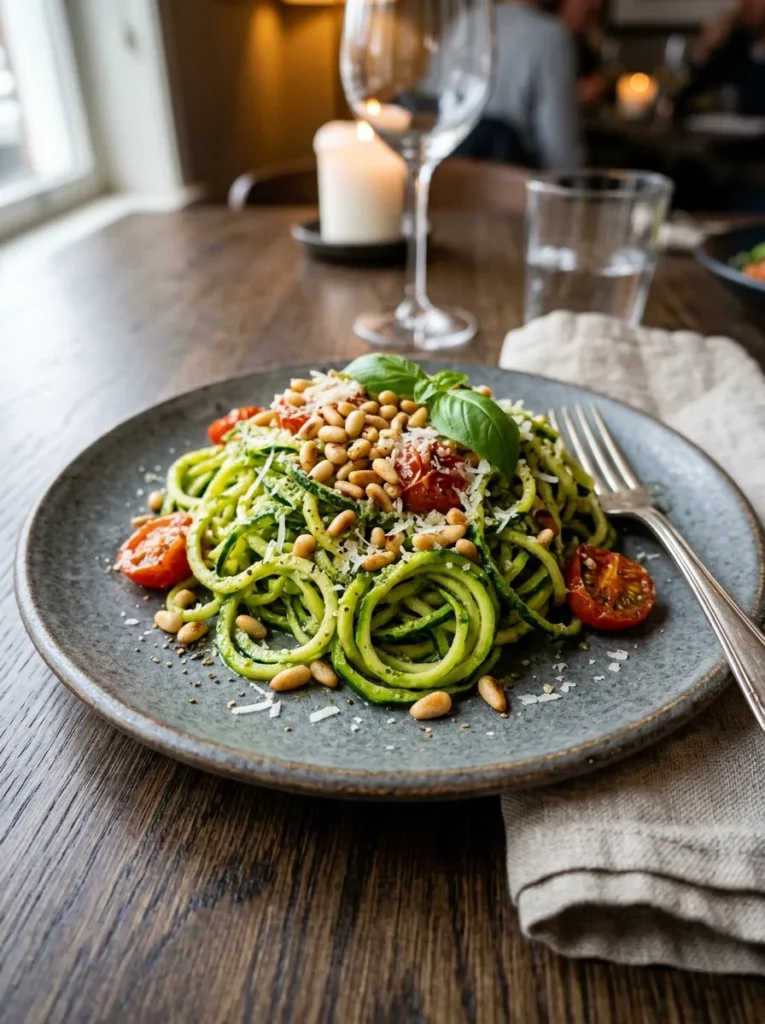 Low Carb Zucchini Noodle Pesto With Roasted Pine Nuts