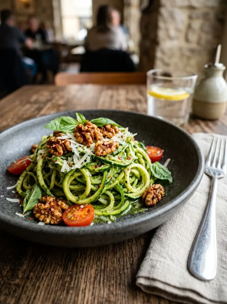 Low Carb Zucchini Noodle Pesto With Spicy Walnut