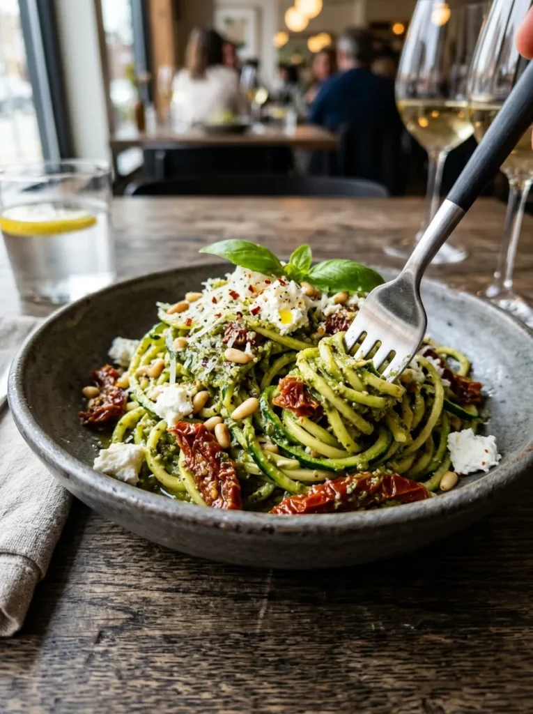 Low Carb Zucchini Noodle Pesto With Sun Dried Tomatoes