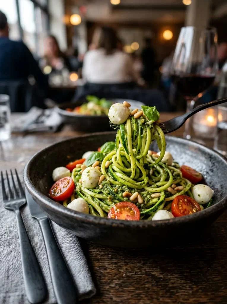 Low Carb Zucchini Noodle Pesto With Fresh Mozzarella Pearls