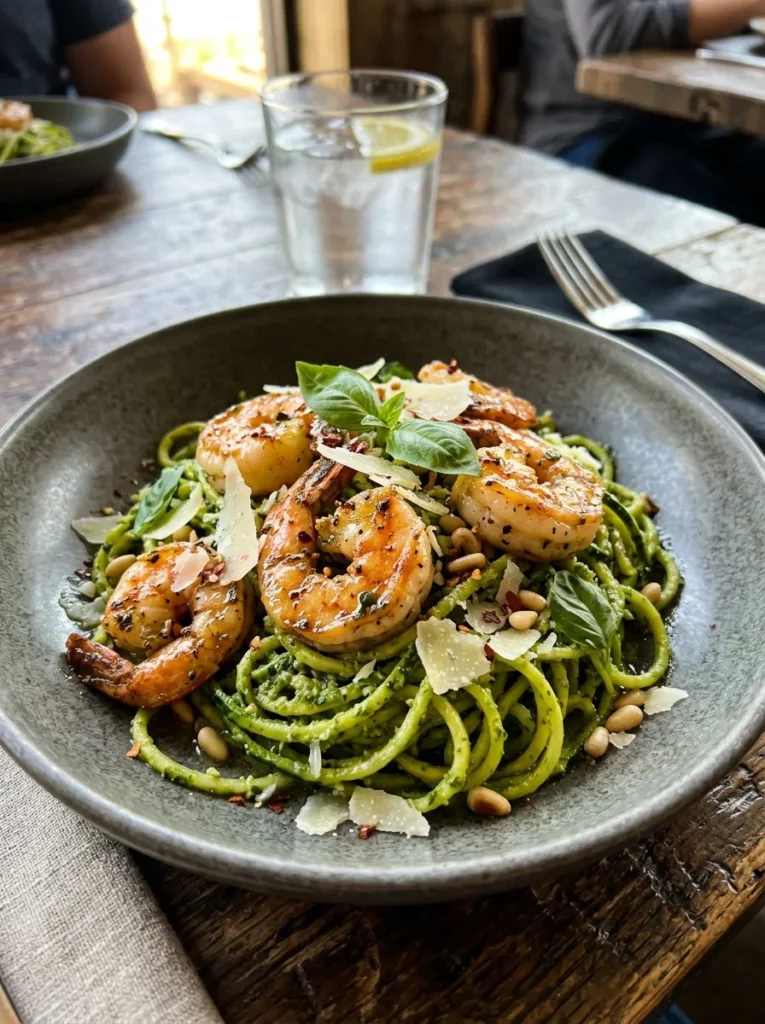 Low Carb Zucchini Noodle Pesto With Garlic Butter Shrimp
