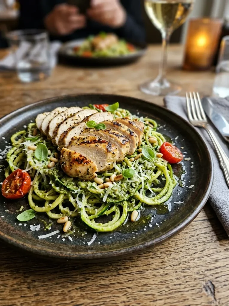 Low Carb Zucchini Noodle Pesto With Grilled Chicken