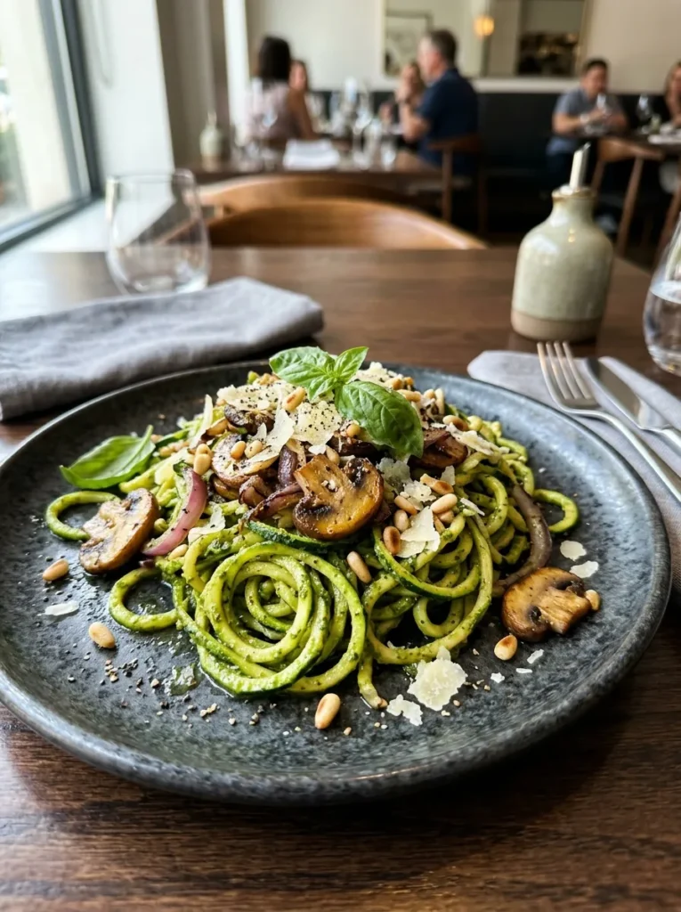 Low Carb Zucchini Noodle Pesto With Mushroom Onion Saute