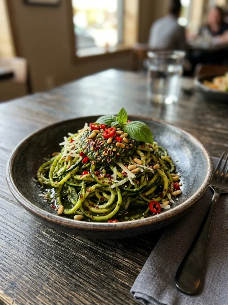 Low Carb Zucchini Noodle Pesto With Spicy Red Pepper Kick