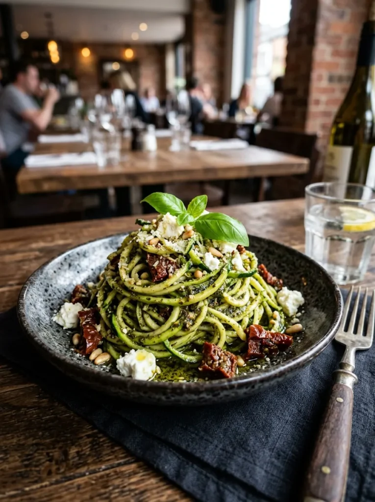 Low Carb Zucchini Noodle Pesto With Sun Dried Tomato Feta