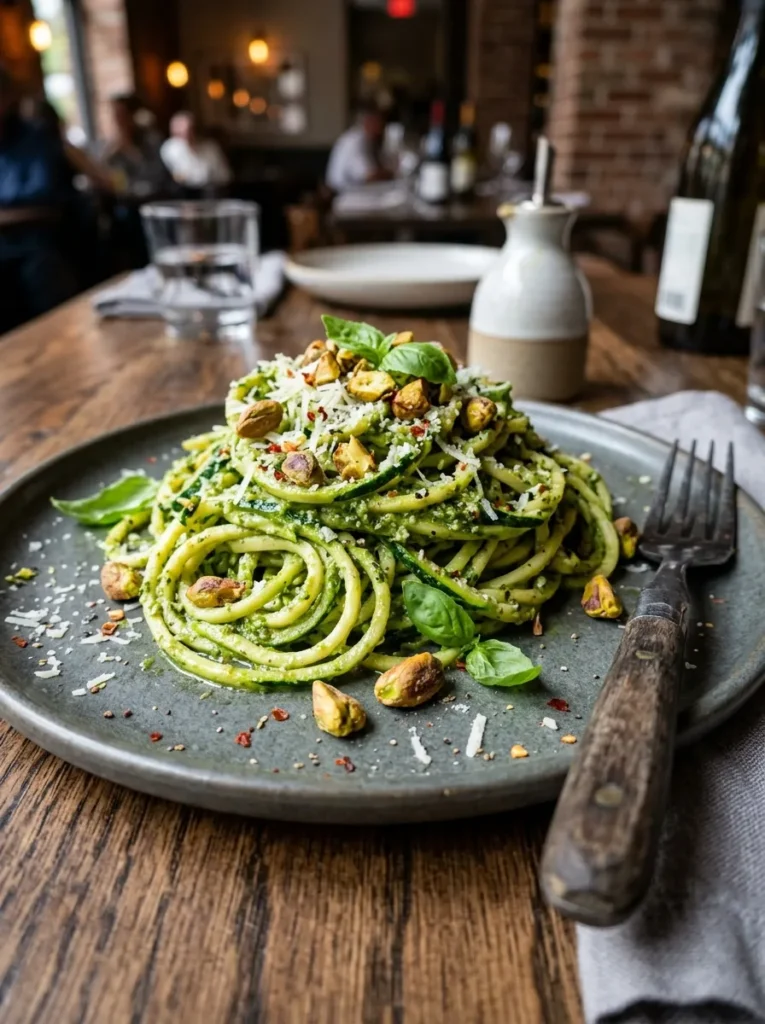 Low Carb Zucchini Noodle Pesto With Toasted Pistachios