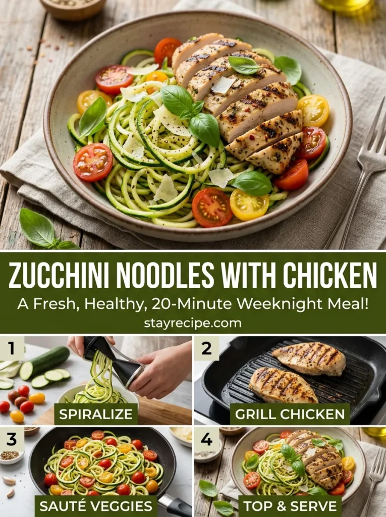 Zucchini Noodles With Cherry Tomatoes Basil And Grilled Chicken Healthy Summer Recipes